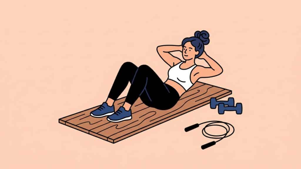 Illustration of woman doing crunches on a mat with dumbbells and jump rope for a 5 day workout split routine.