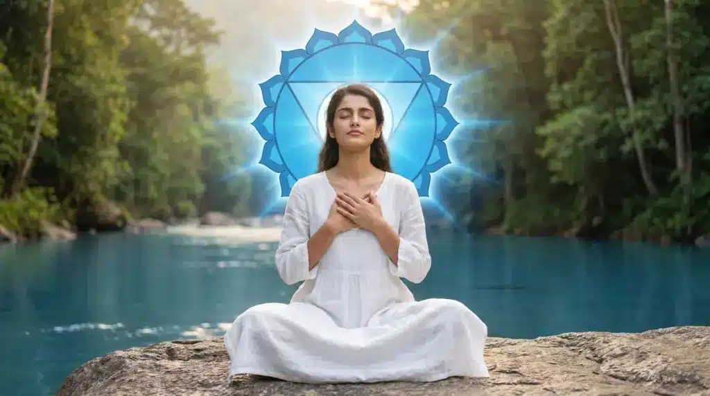 A woman meditating in a white outfit by a river, with a glowing blue throat chakra symbol behind her head.
