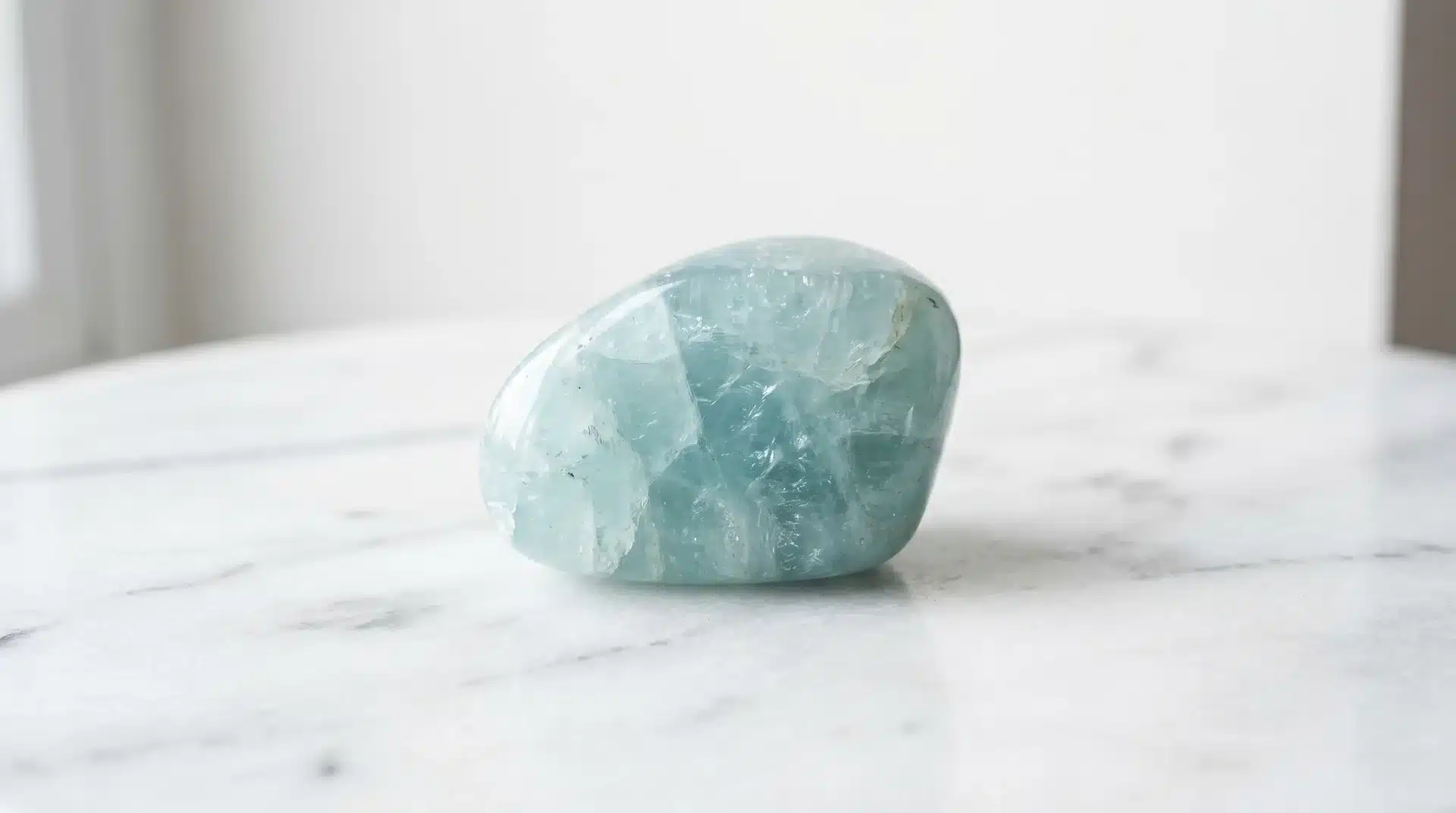 A close-up shot of a polished, light blue-green aquamarine crystal stone resting on a white marble surface.