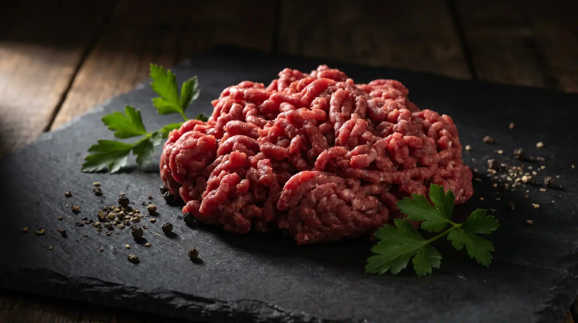 Raw ground bison meat on a black slate board, garnished with fresh parsley and peppercorns.