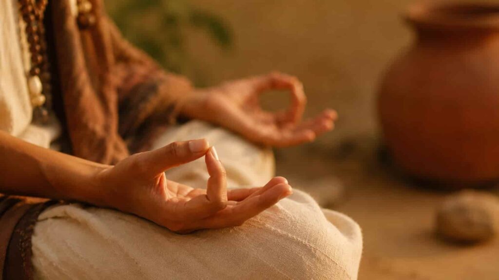 Close-up of a person's hands performing a yoga mudra (Gyan mudra) during meditation, with the thumbs and index fingers touching.