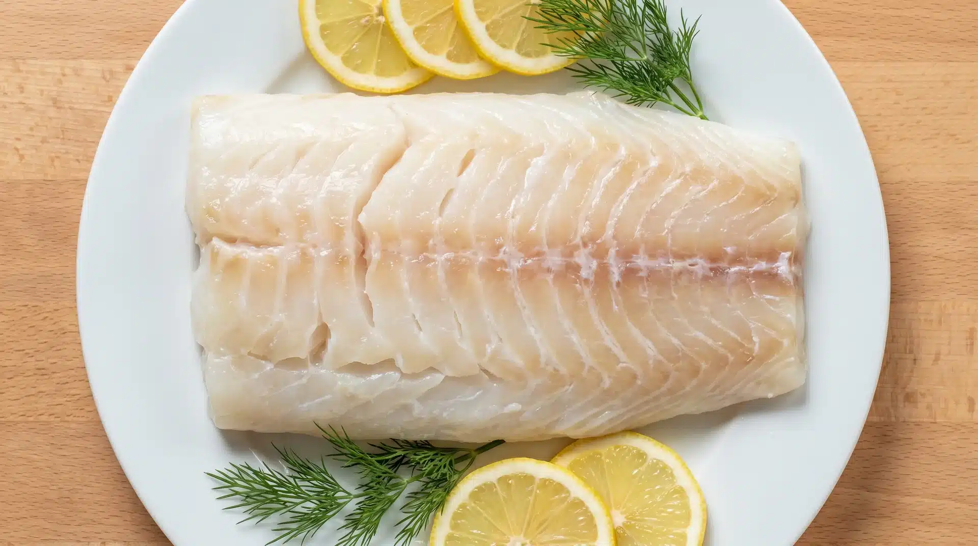 Raw cod fish fillet on a white plate, garnished with lemon slices and fresh dill sprigs.