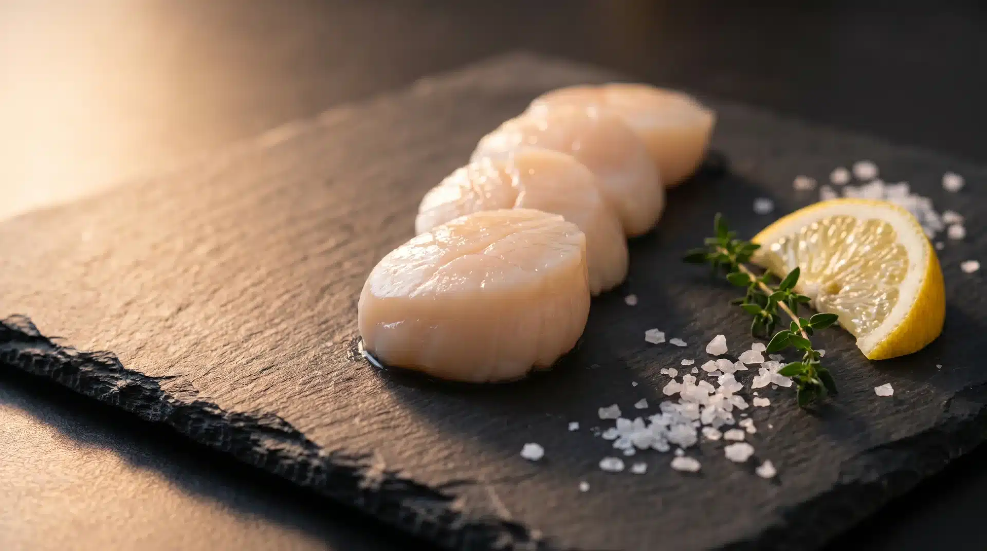 Raw scallops on a black slate board, garnished with a lemon wedge, fresh thyme, and sea salt flakes.