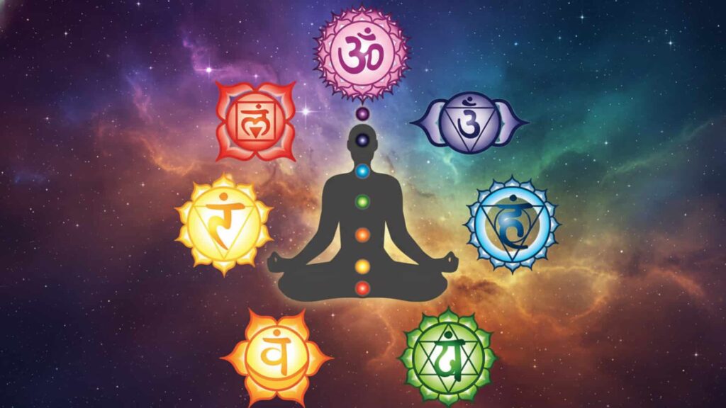 Silhouette of a person meditating surrounded by seven colorful chakra symbols against a starry cosmic nebula background.