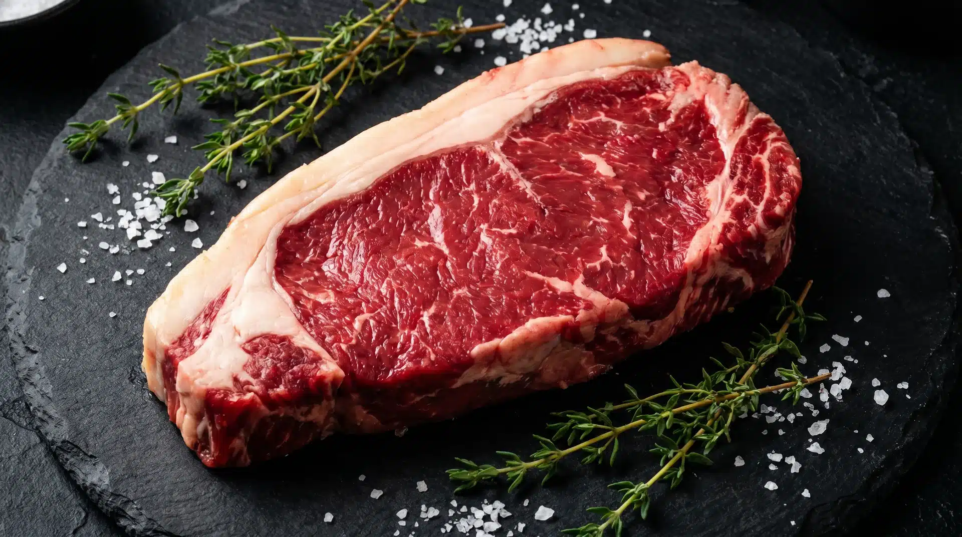 Raw sirloin steak on a black slate platter, garnished with fresh rosemary twigs and sea salt flakes.