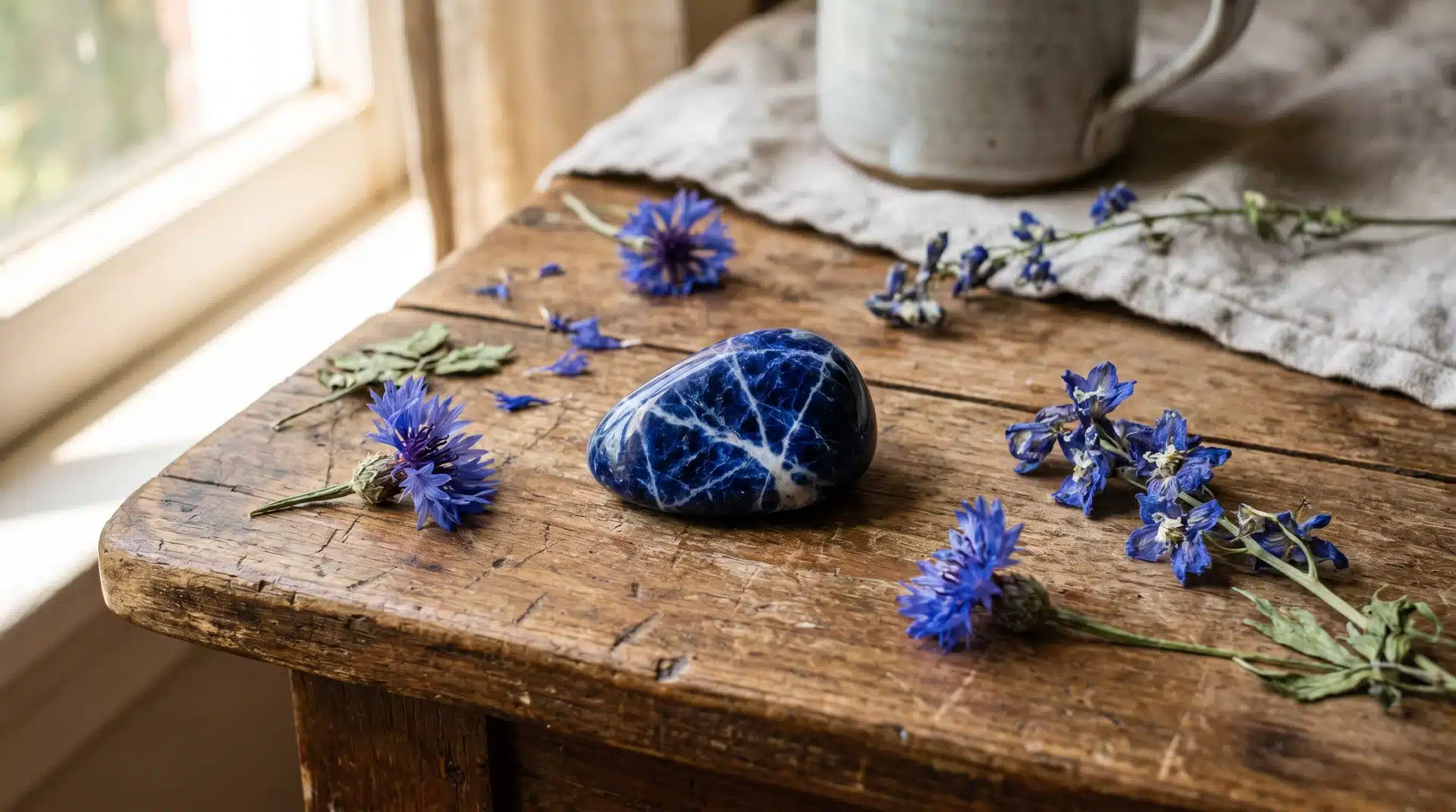 A polished blue sodalite stone with white veining on a rustic wooden table surrounded by small blue flowers.