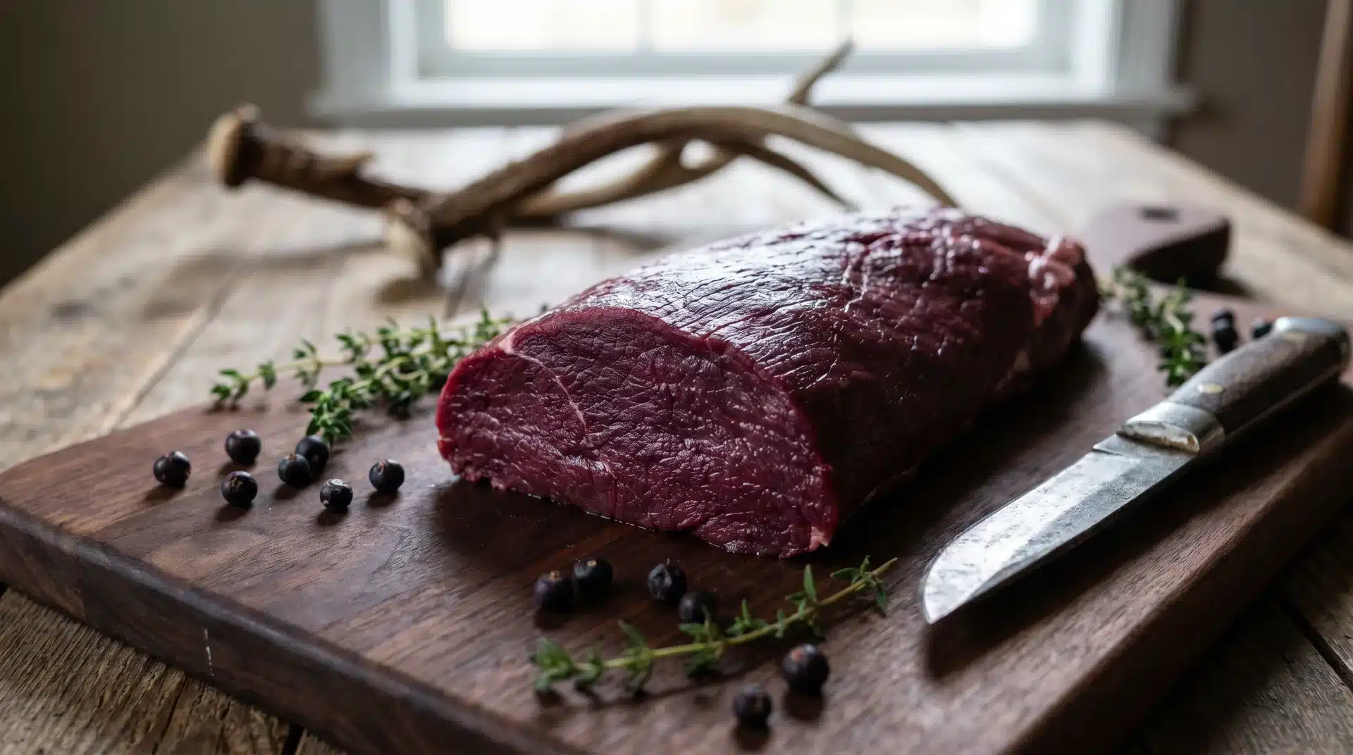 Raw venison meat on a wooden cutting board, garnished with fresh thyme twigs and black peppercorns. 