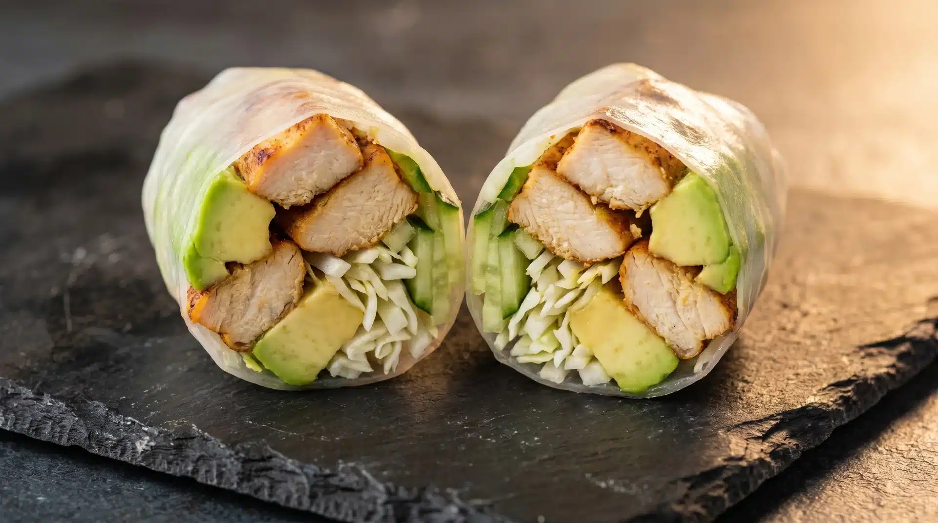 A rice paper roll cut in half, showing a filling of grilled chicken, avocado slices, and shredded cabbage.