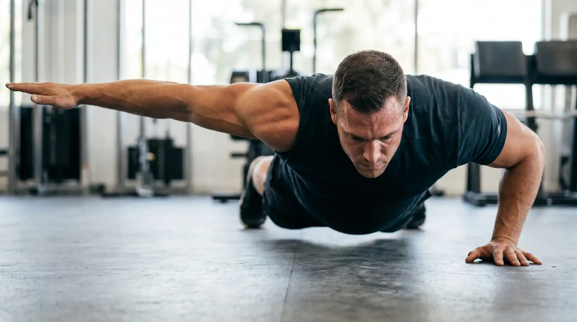 A side-view of a man in a black t-shirt performing an archer push-up on a dark floor with his left arm extended straight out