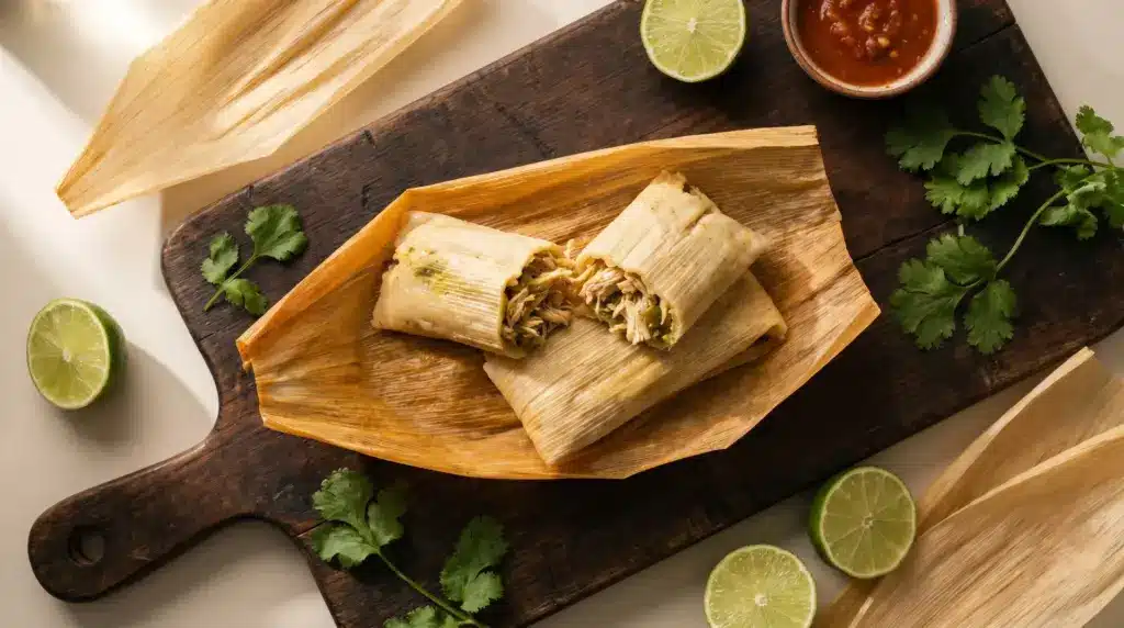 Alt Text: Tamales served on corn husks on a wooden cutting board, garnished with fresh lime slices and cilantro leaves.
