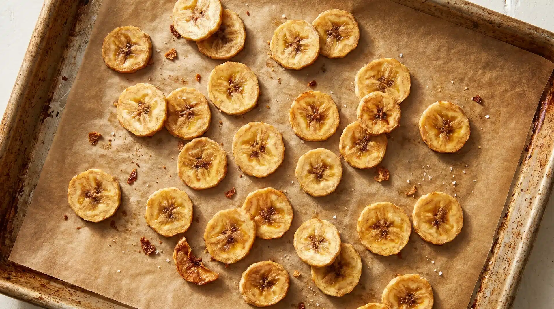 Golden-brown, baked banana chips scattered across a seasoned parchment-lined baking sheet.