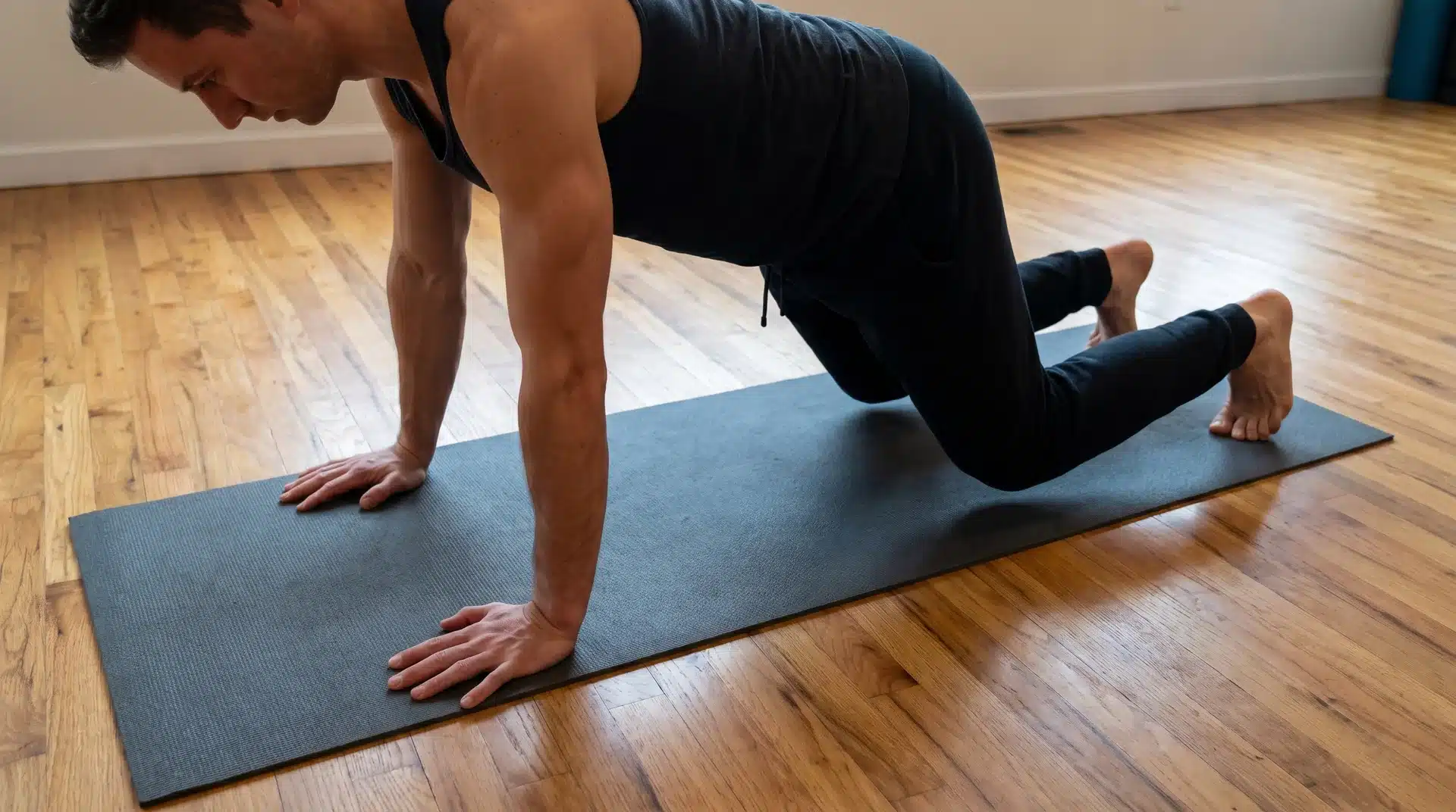 A man in a black tank top and athletic pants performing a bear crawl hold on a dark grey mat over a light-colored wooden floor.