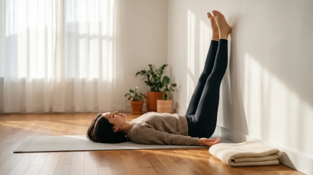A woman lying on a yoga mat on the floor with her legs extended straight up against a wall in a relaxed yoga pose.
