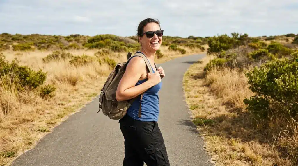 Woman rucking on a trail with a weighted backpack, showing the benefits of rucking for fitness, endurance, and outdoor cardio.