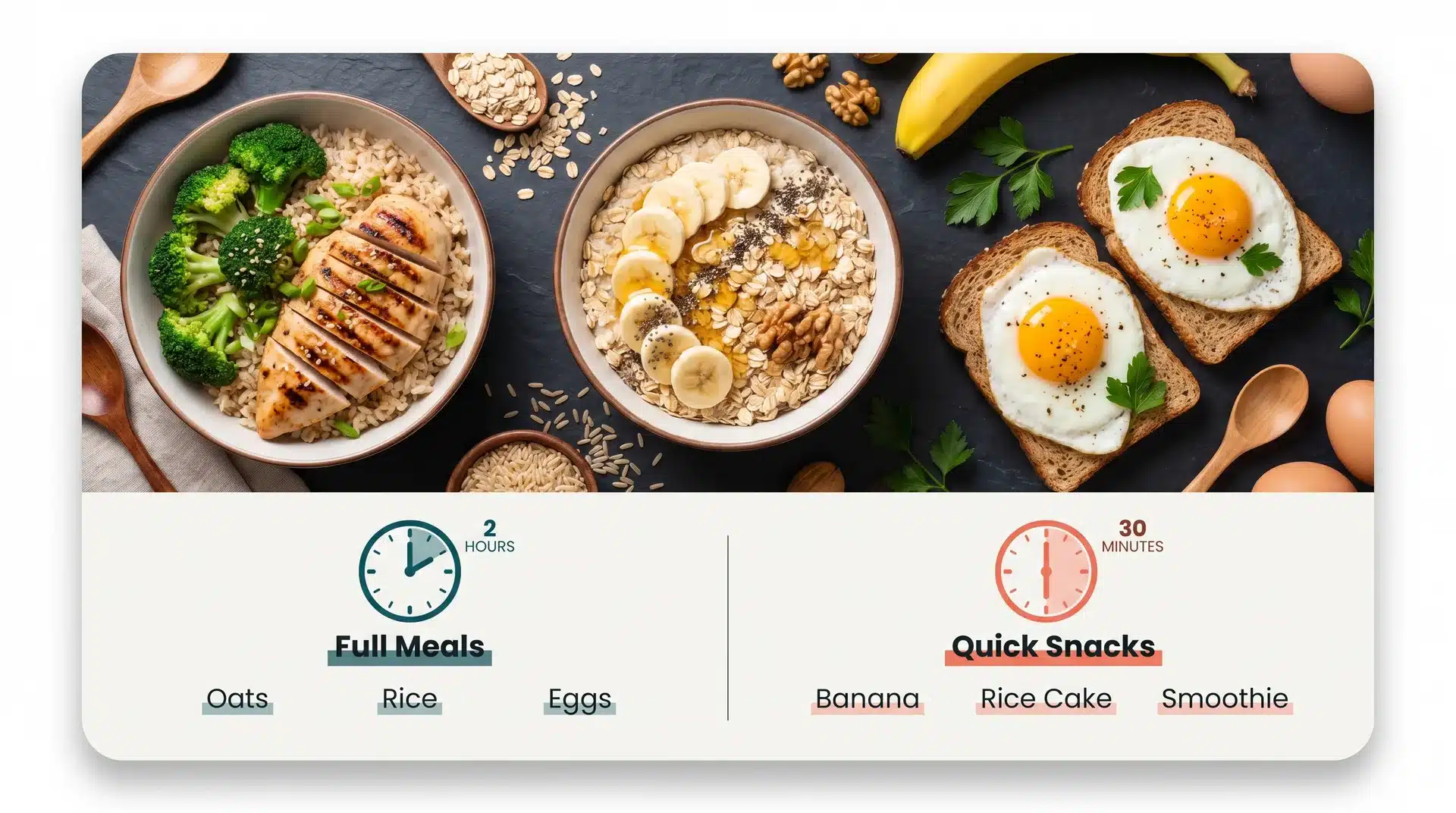 Pre-workout food options showing full meals and quick snacks including oats, rice, eggs, banana, rice cakes, and smoothies.