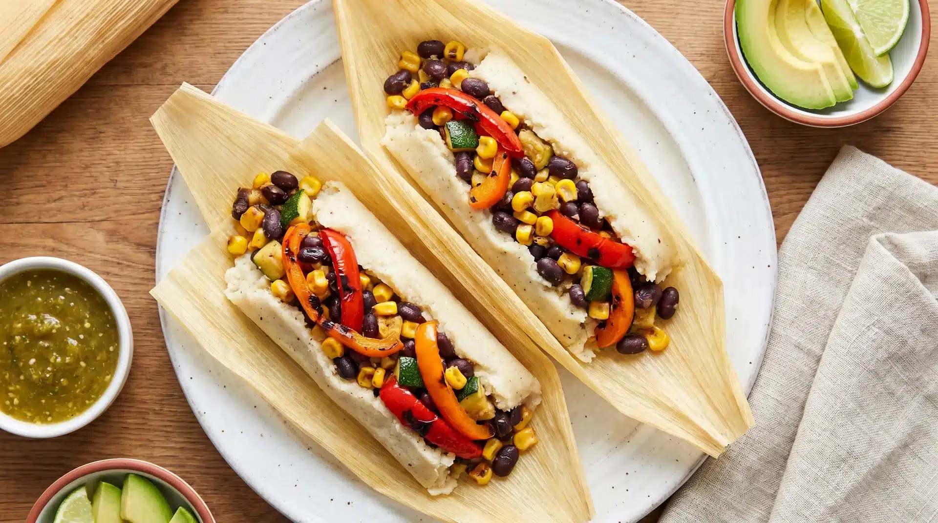 Alt Text: Two vegan tamales filled with black beans, corn, and roasted bell peppers, served with fresh avocado and green salsa.