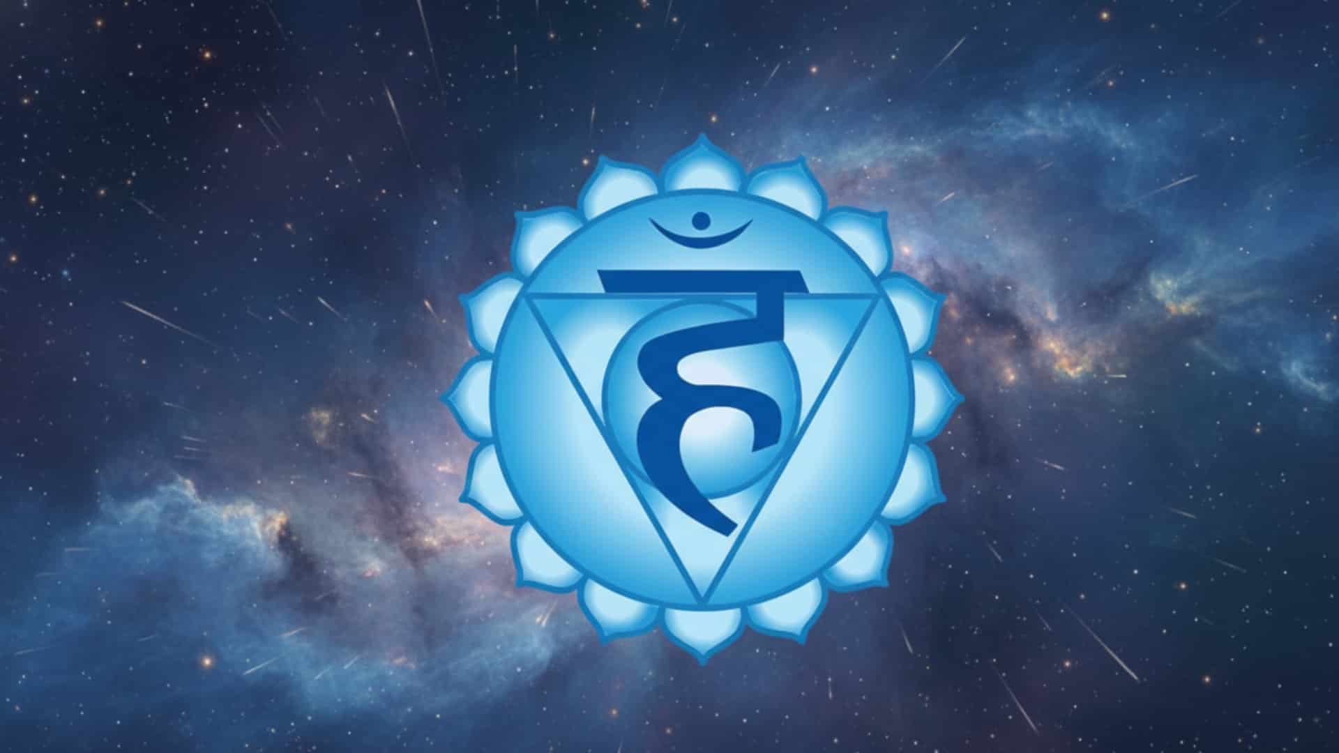A glowing blue Vishuddha (throat) chakra symbol set against a dark cosmic background filled with stars and a soft nebula.