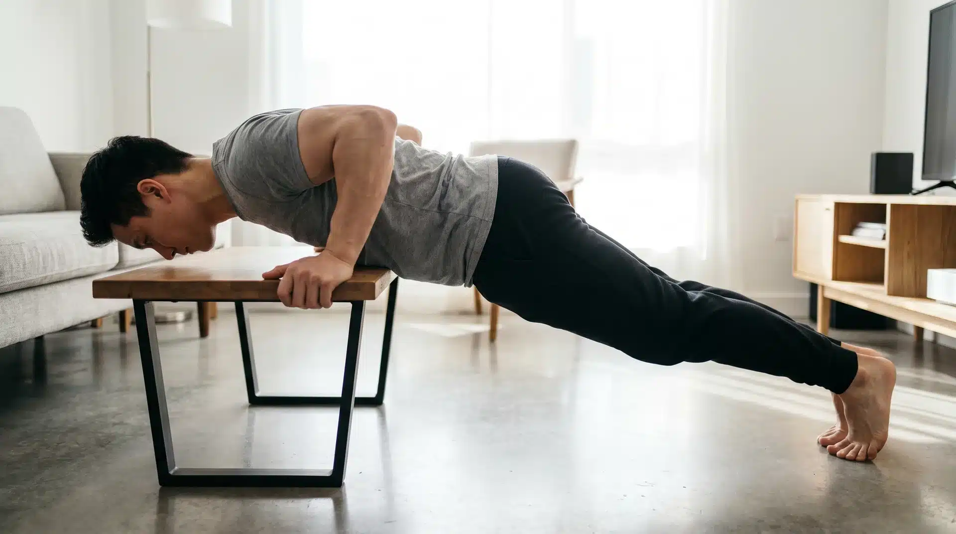 A man in athletic wear performing a bodyweight tricep extension with his hands placed on a wooden bench and his body extended at a diagonal angle.