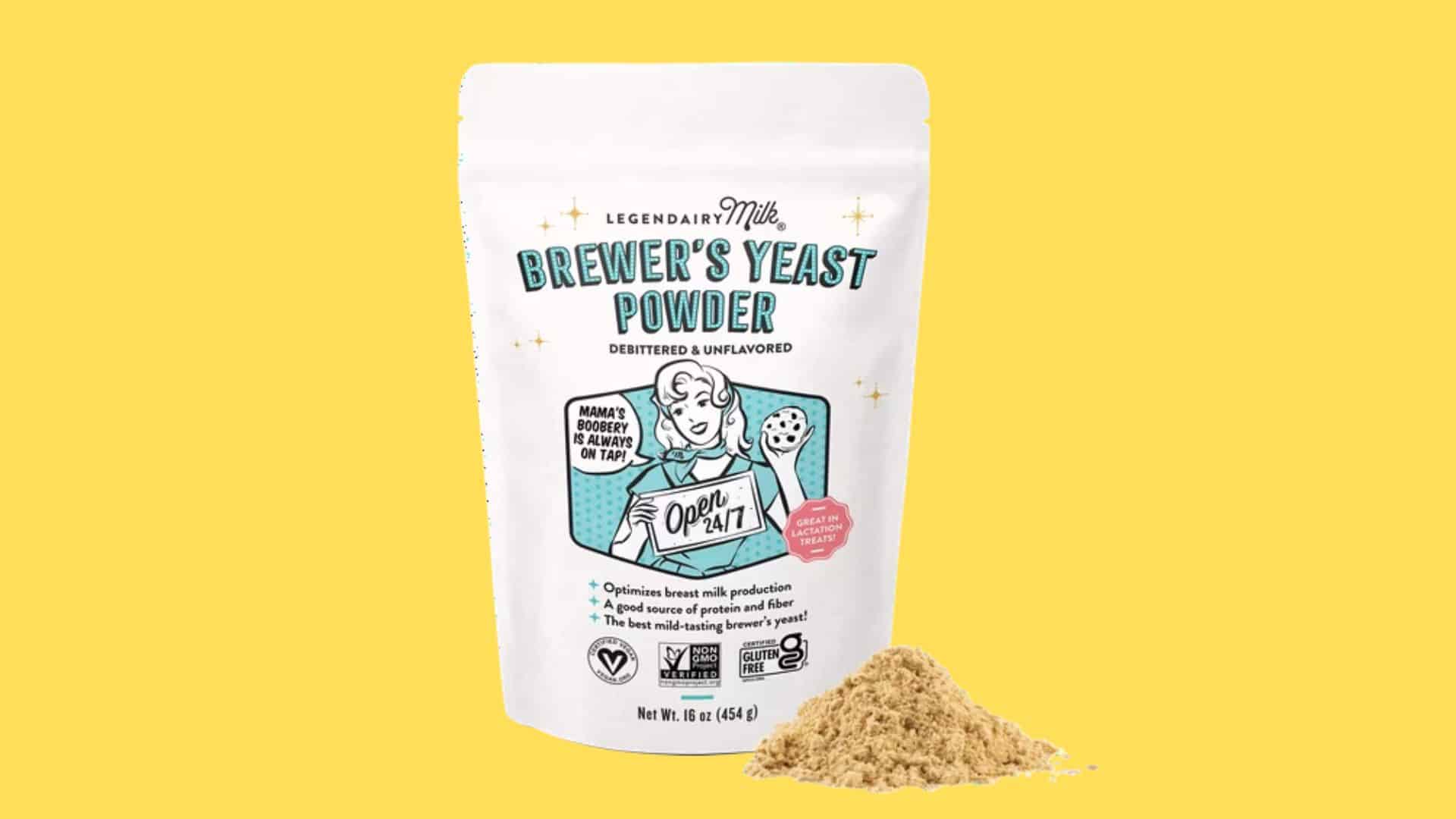 Legendairy Milk Brewer's Yeast Powder pouch on a yellow background with a small pile of spilled powder next to it.
