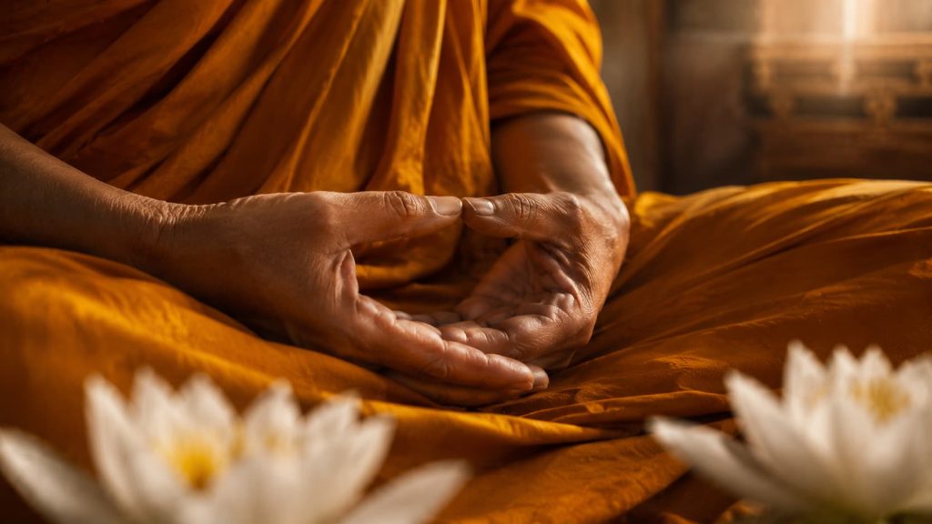 Close-up of a Buddhist monk's hands in a meditation mudra gesture on their lap, with blurred white lotus flowers in the foreground.