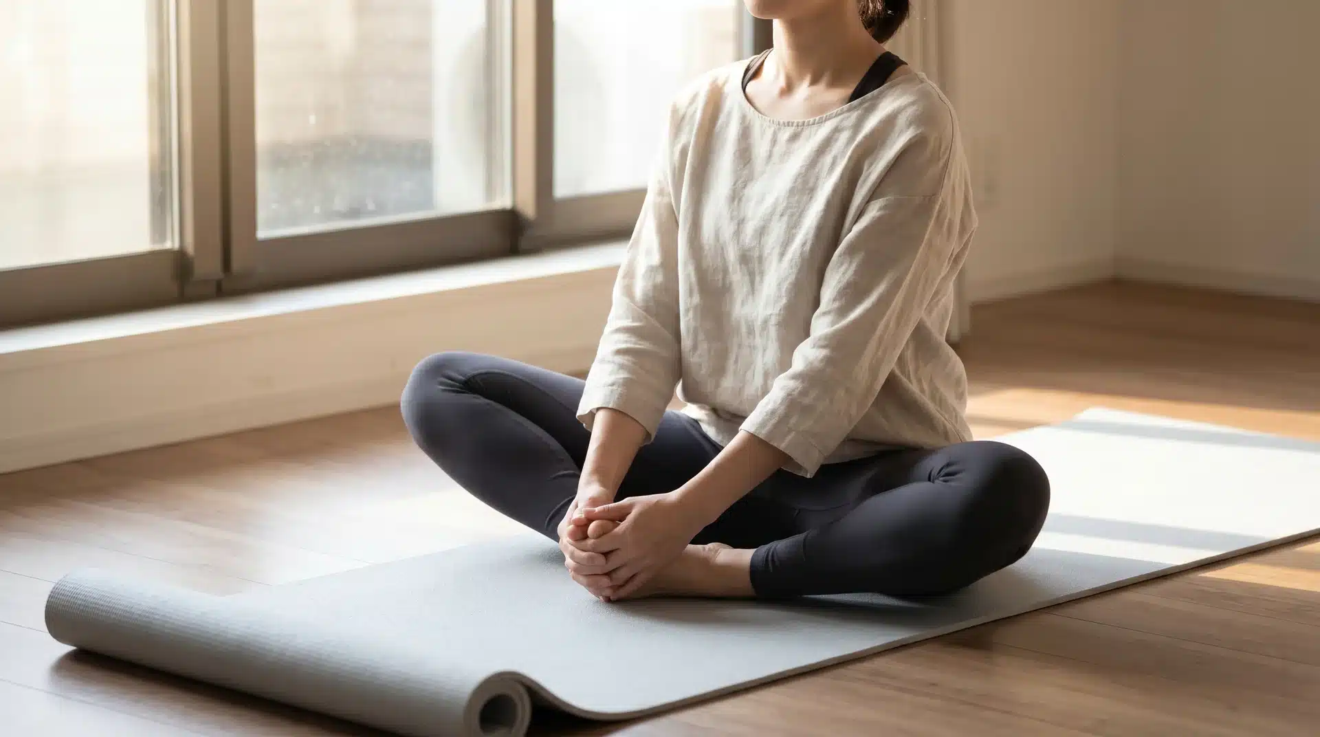 A side-view of a woman in athletic wear performing a butterfly stretch on a grey yoga mat, holding her ankles.