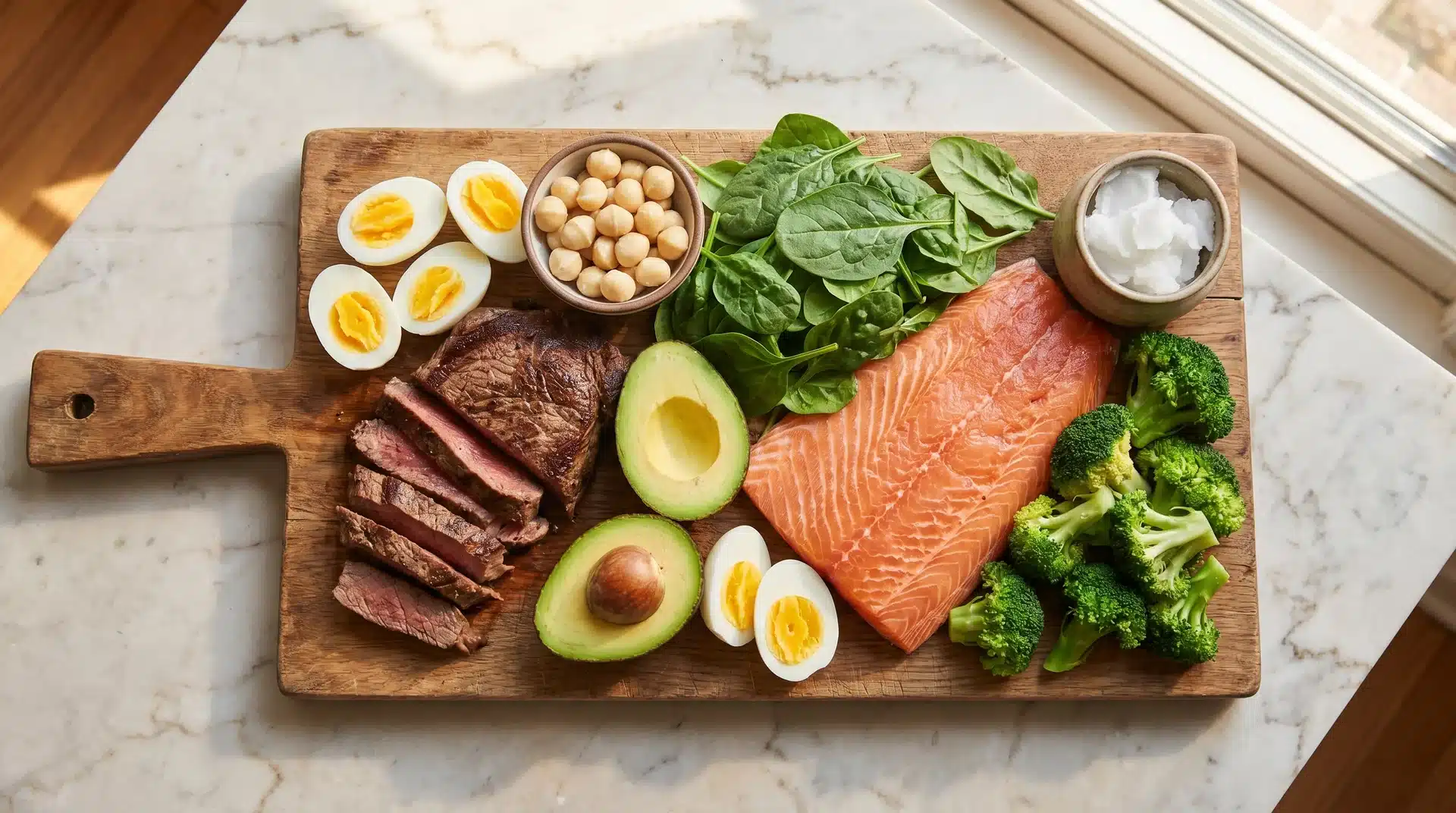 A wooden cutting board topped with healthy foods, including grilled steak, salmon, sliced avocado, hard-boiled eggs, and broccoli.