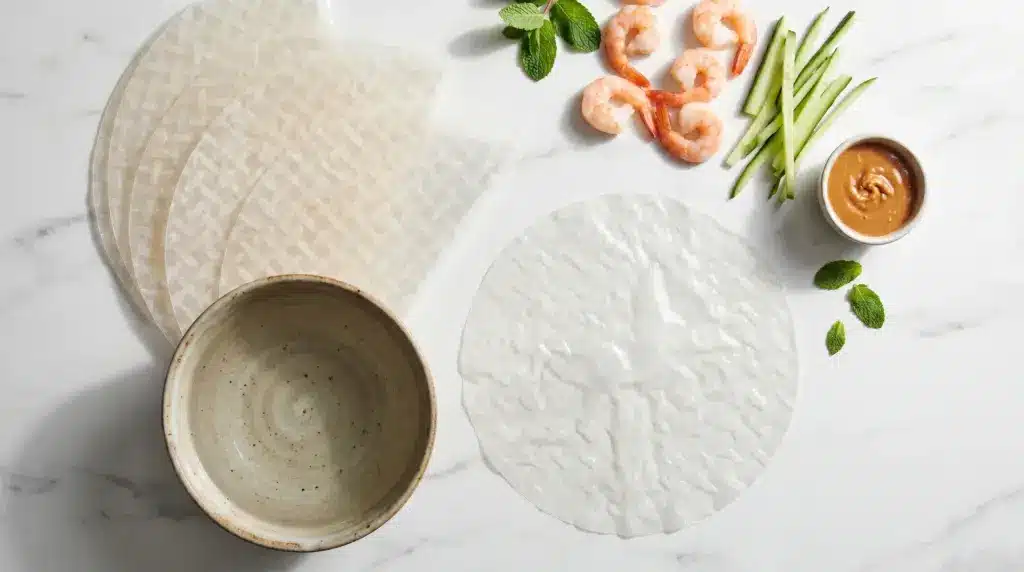 Alt Text: Circular, translucent rice paper wrappers arranged on a marble counter next to fresh shrimp, greens, and dipping sauce.