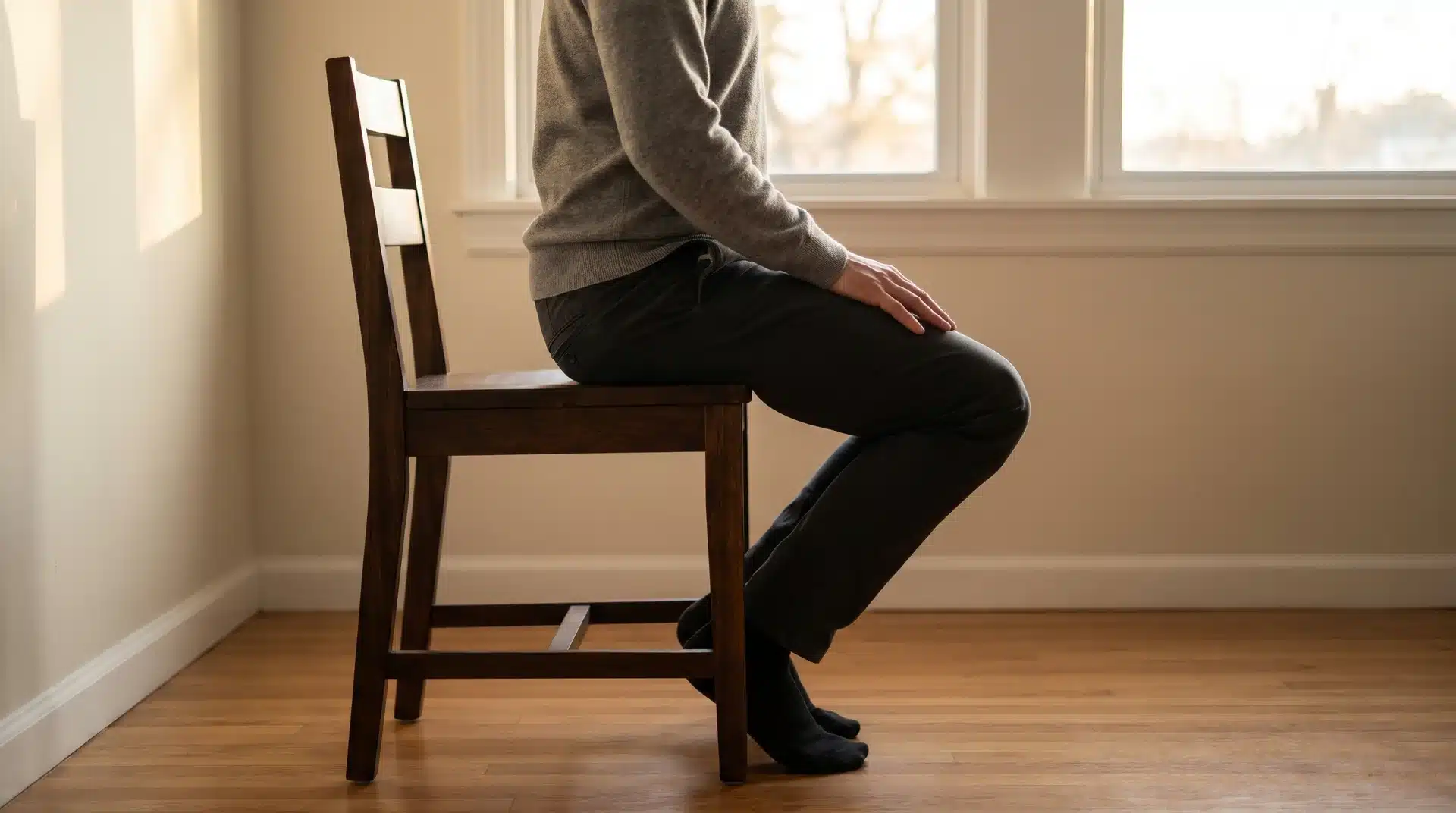 Side view of a person sitting on a wooden chair, tucking their feet back to stretch their thighs.