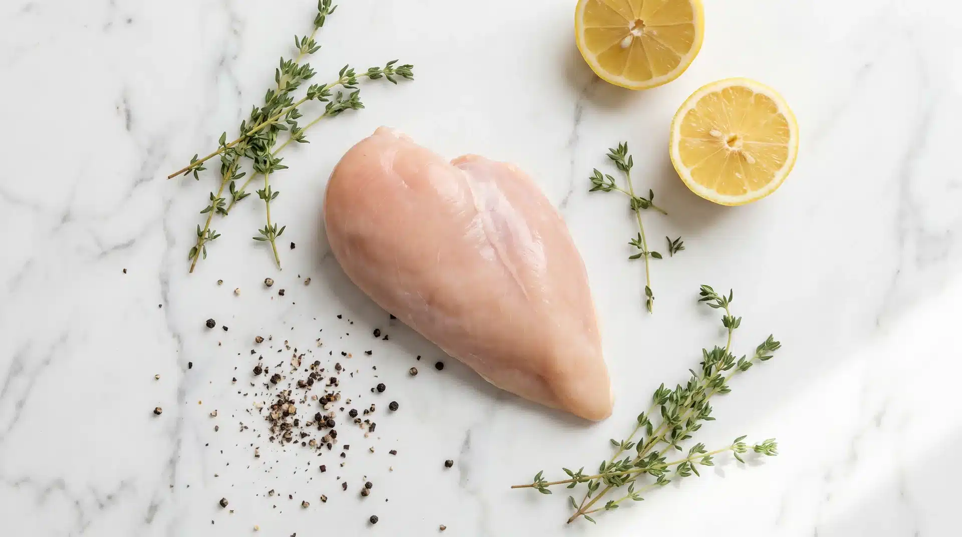 Raw chicken breast with lemon slices and fresh thyme on a white marble countertop.