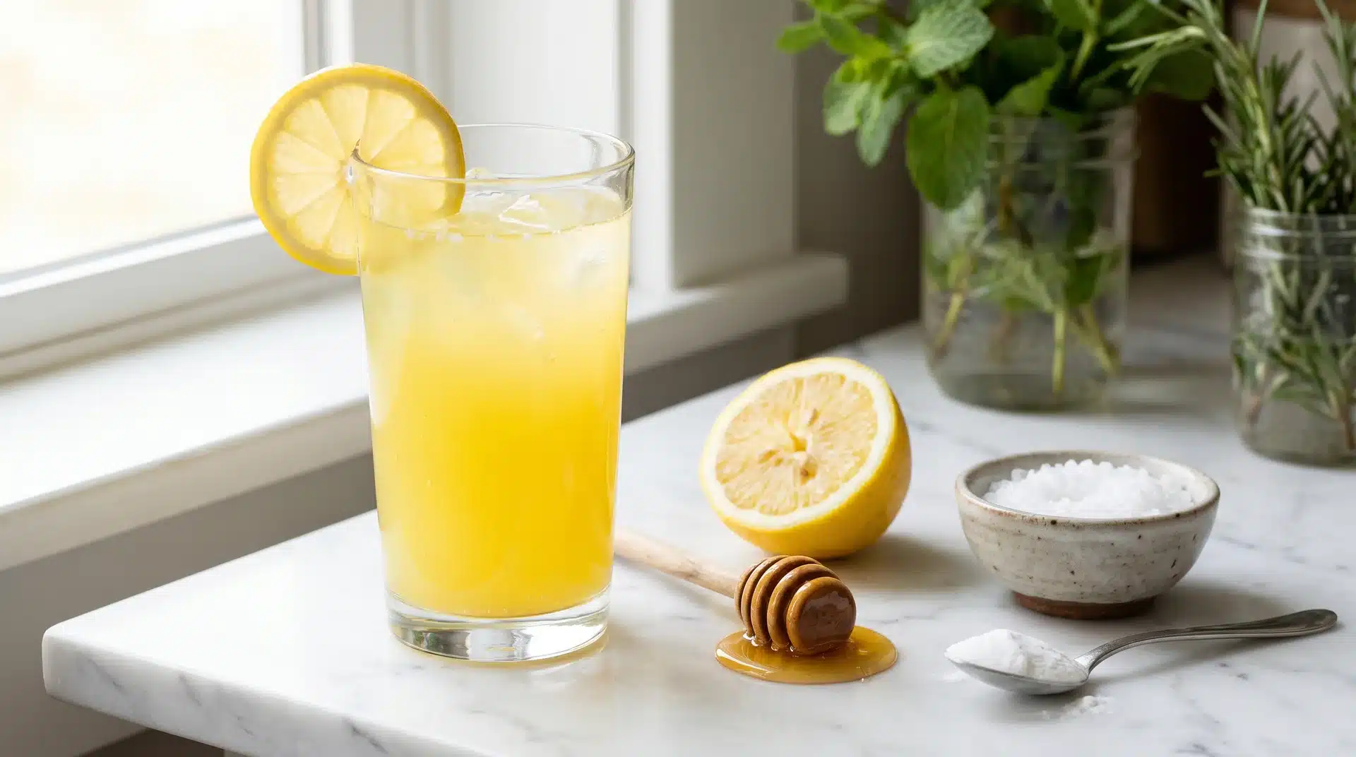 A glass of yellow lemon drink with a lemon slice, next to fresh lemons, honey, and a bowl of sea salt.