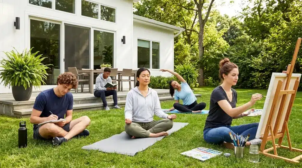 Diverse group of teens practicing outdoor mindfulness, art, and relaxation techniques.