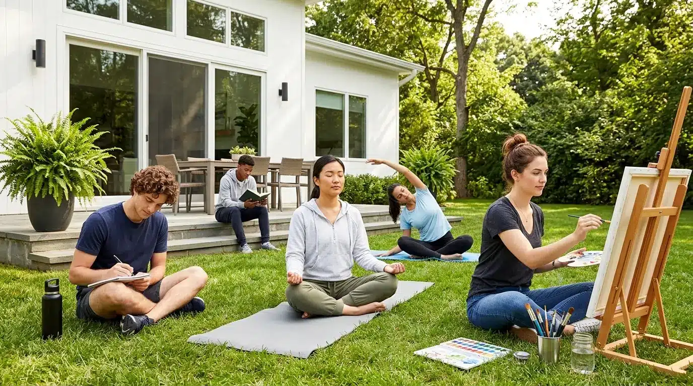 Diverse group of teens practicing outdoor mindfulness, art, and relaxation techniques.
