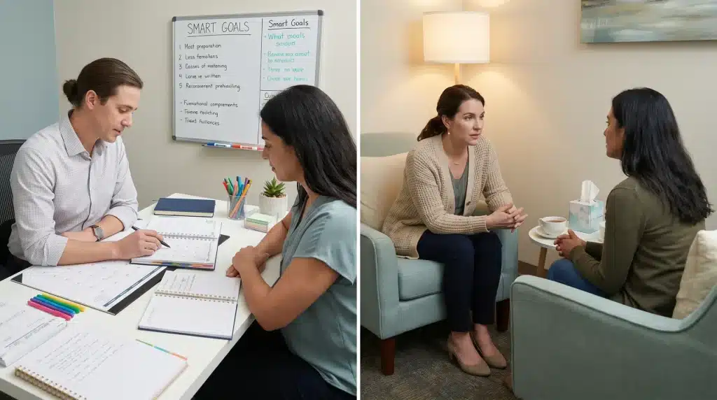 Side-by-side photos showing a professional counseling session on the left and a therapy session on the right.