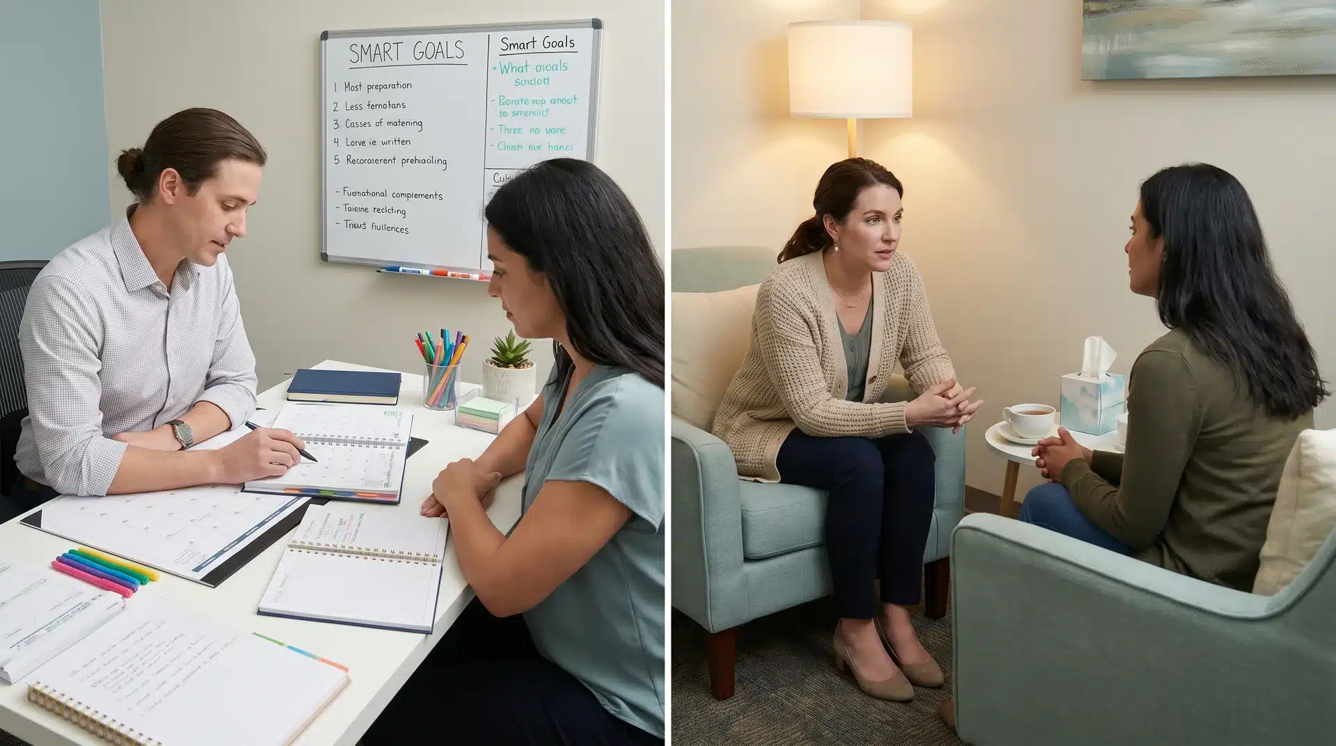Side-by-side photos showing a professional counseling session on the left and a therapy session on the right.