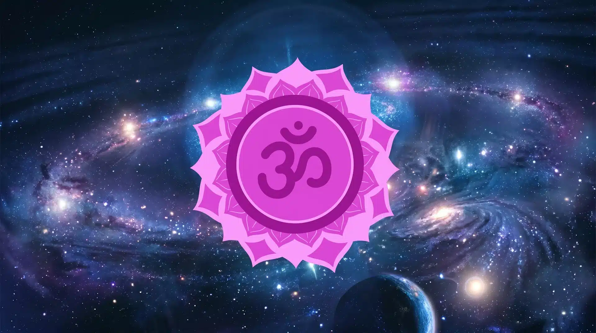 Violet Crown Chakra symbol with concentric rings of petals and a central Om character against a starry space background.