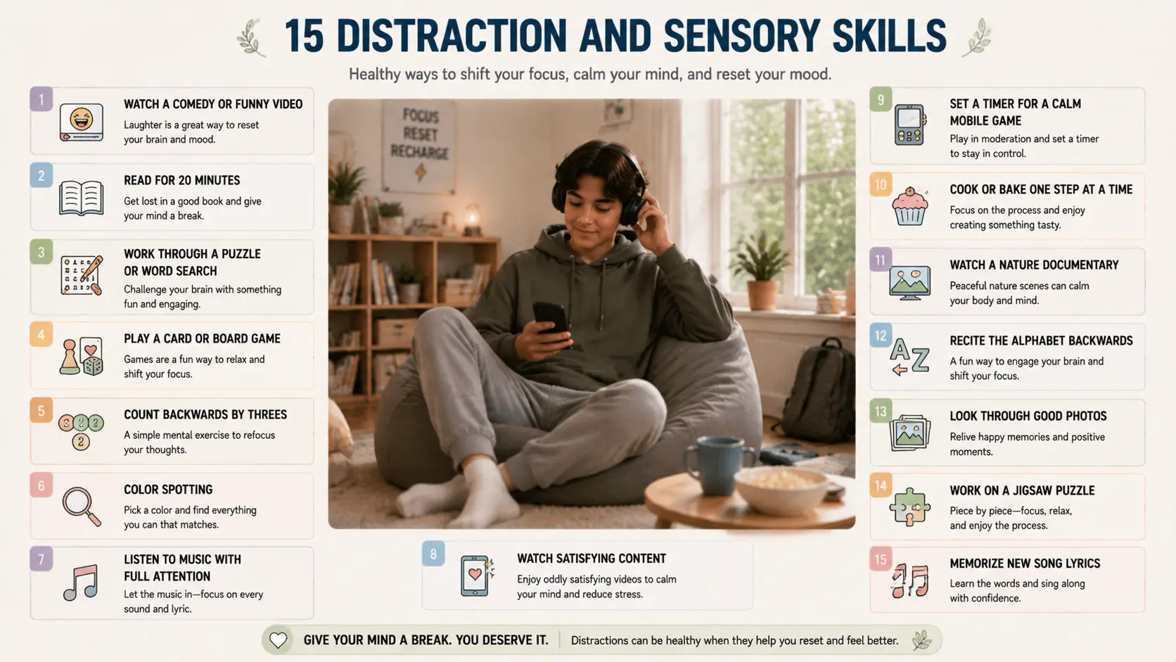 Infographic detailing 15 distraction and sensory coping skills for teen stress relief.