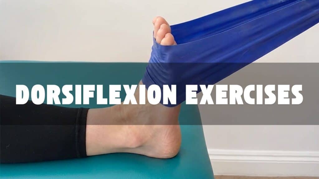 Person performing resistance band dorsiflexion exercise to improve ankle mobility and flexibility.