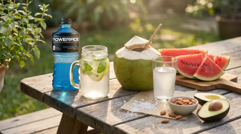 Blue Powerade bottle, fresh coconut water, and sliced watermelon on an outdoor wooden table.