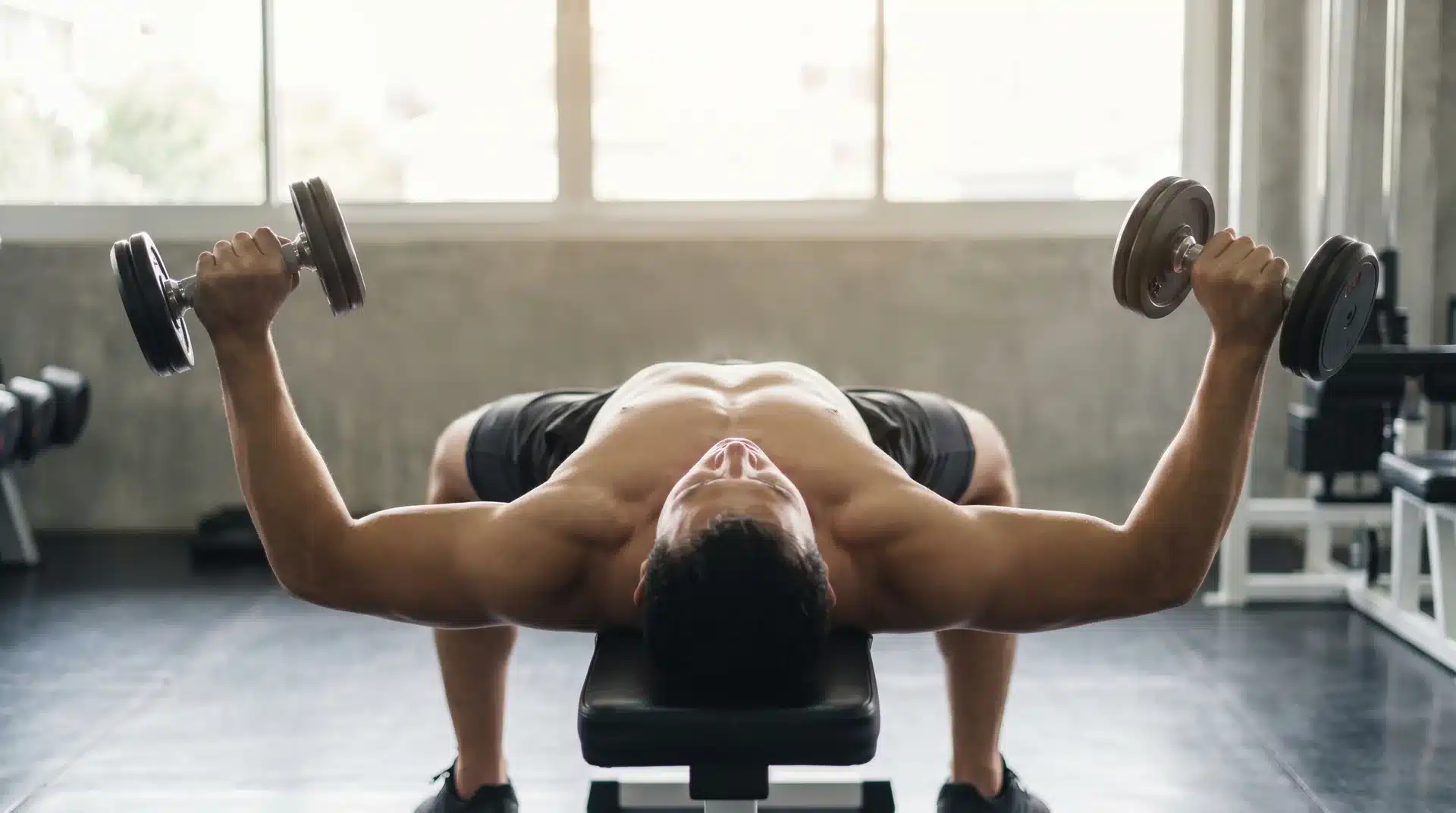 A man lying flat on a gym bench, extending his arms out to the sides while holding a dumbbell in each hand.
