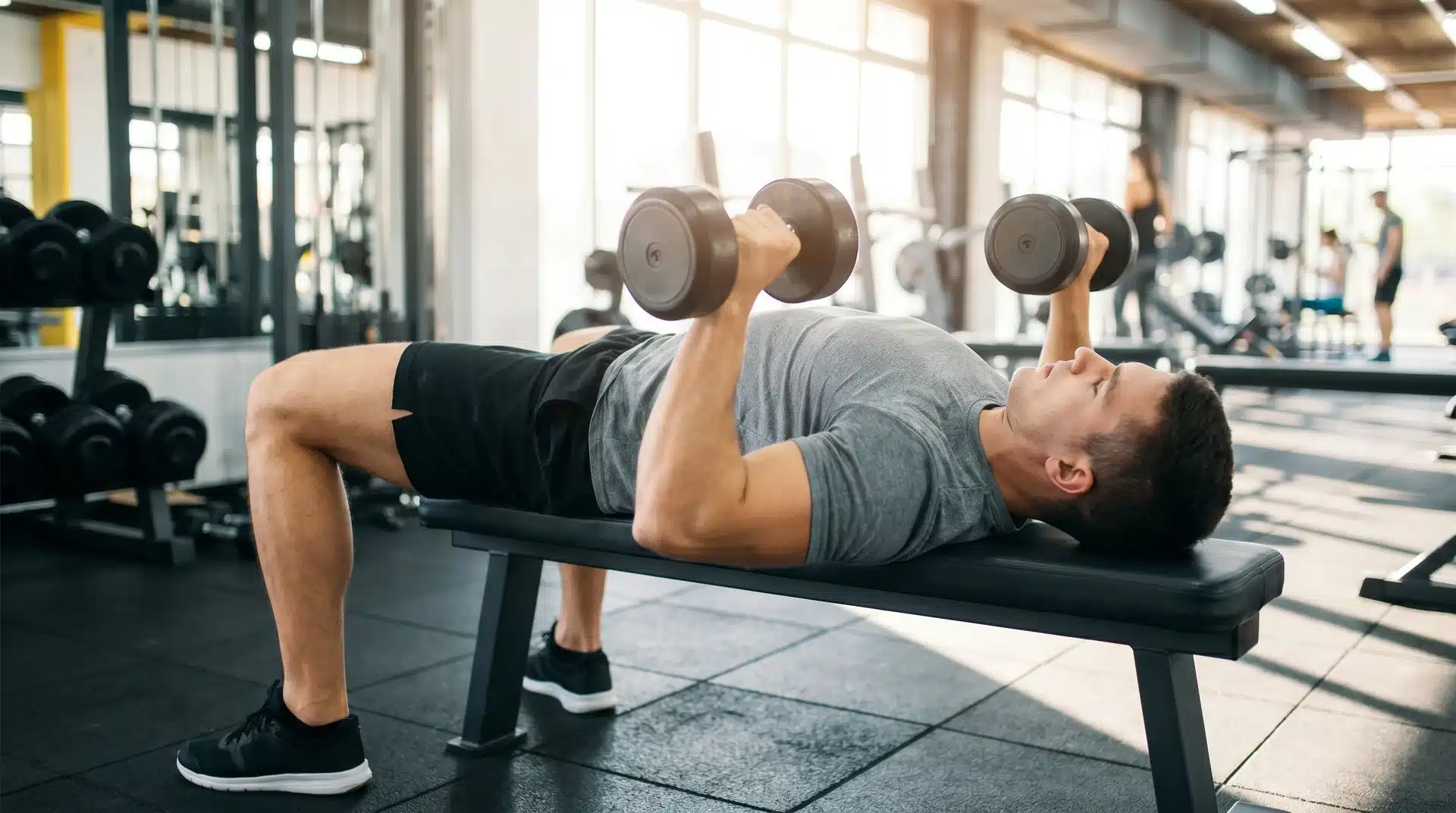 A man lying on a flat weight bench in a gym, lifting two dumbbells to perform a bench press exercise.