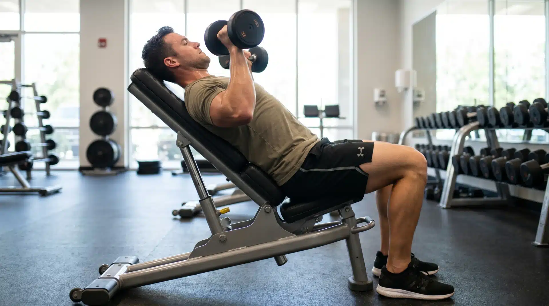 A man lying on his back on a flat gym bench, performing a chest press exercise with a dumbbell in each hand.