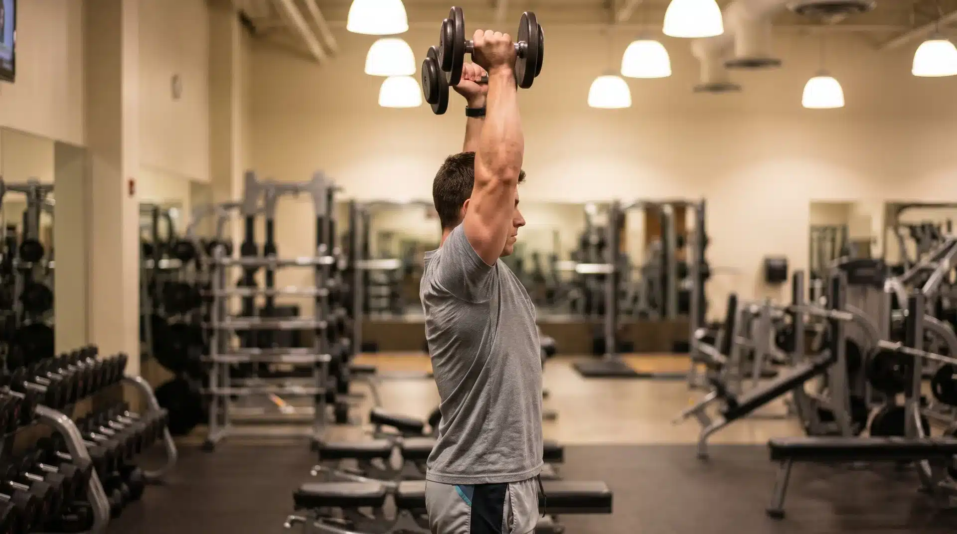A man standing in a well-equipped gym, pressing a pair of dumbbells straight overhead during a shoulder workout.