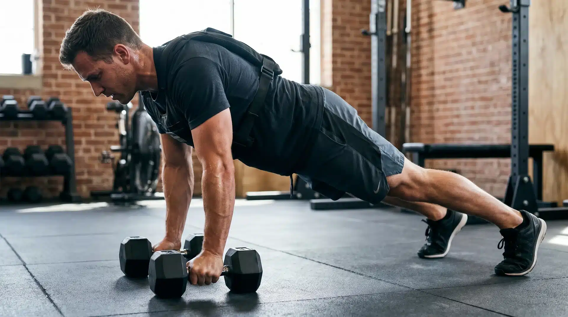 A man lying on his back on a gym bench, opening his arms wide while performing a dumbbell chest fly exercise.