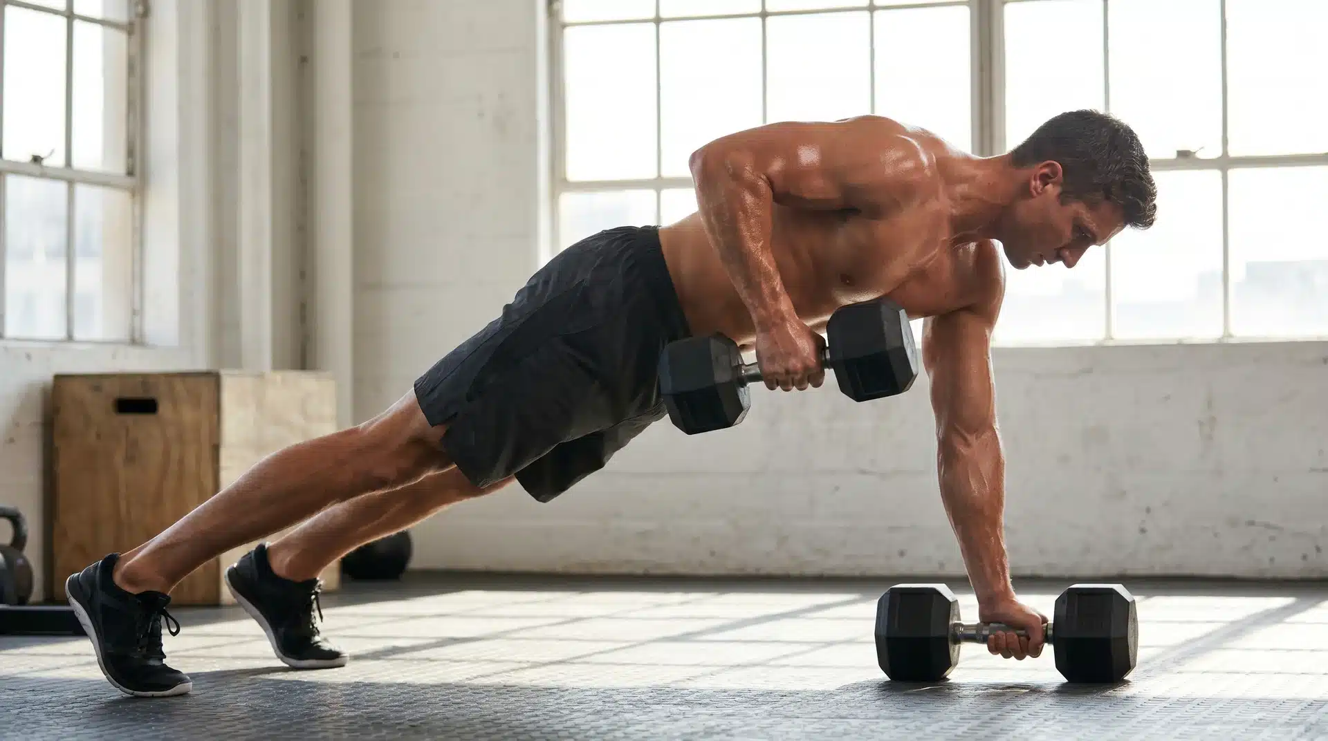 A man in a high plank push-up position on the floor, lifting one dumbbell up to his torso during a renegade row.