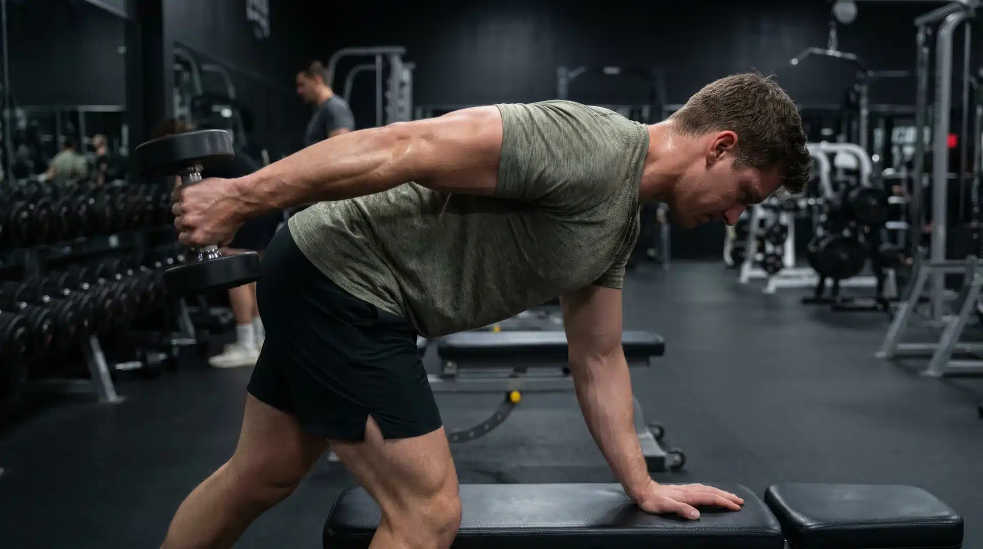 A man leaning forward in a gym, extending his arm straight back to perform a dumbbell tricep kickback exercise.