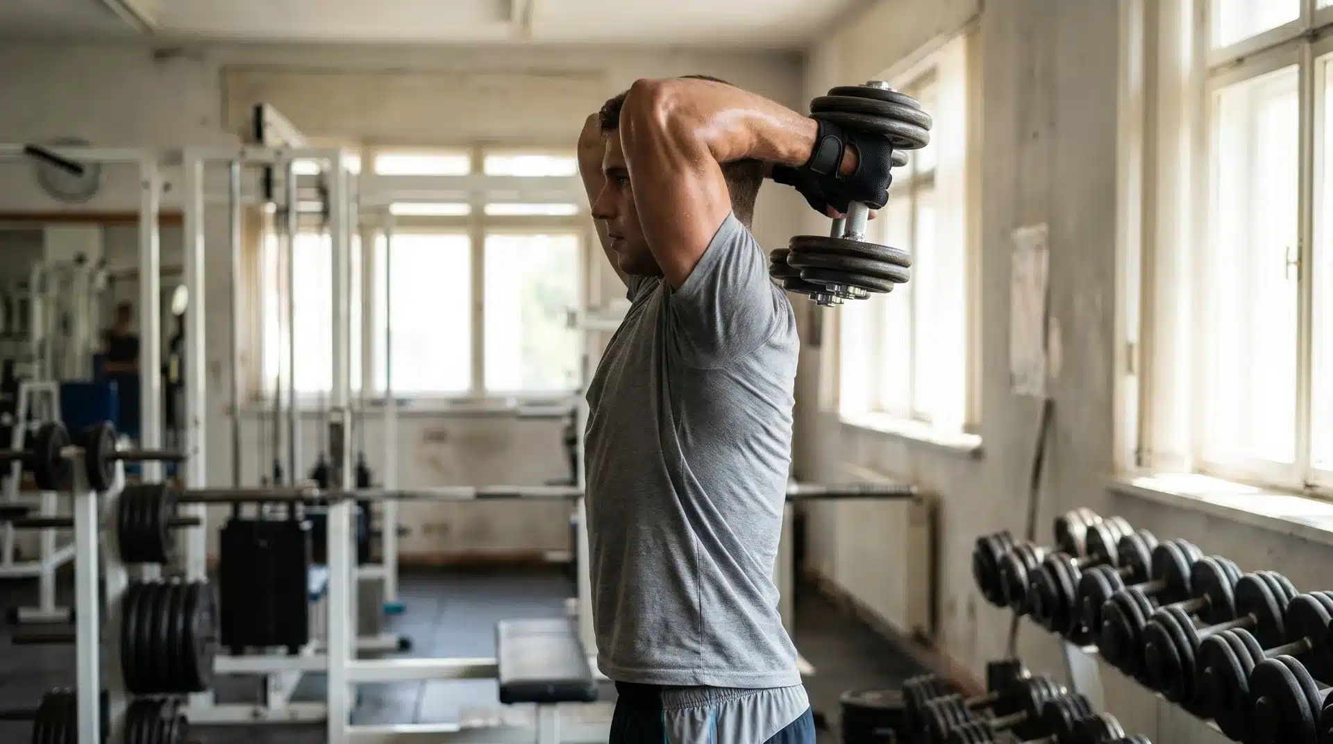 A man standing in a gym, holding a dumbbell with both hands behind his head to perform an overhead tricep extension.