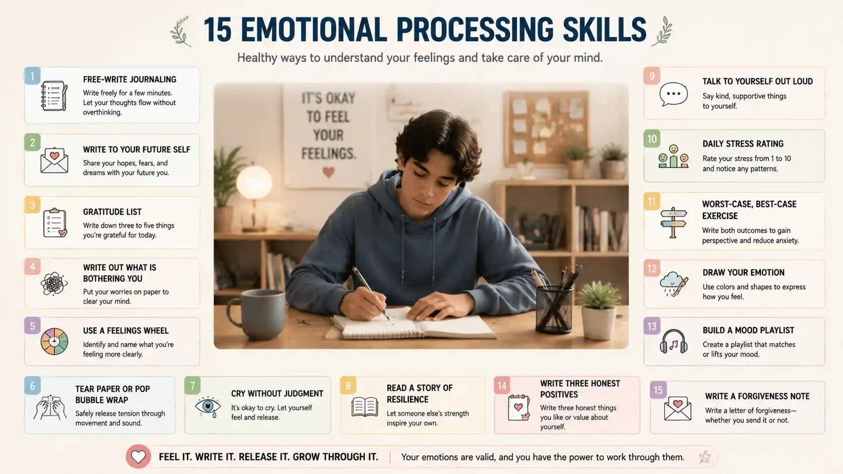 Infographic detailing 15 emotional processing and coping skills for teen stress relief.