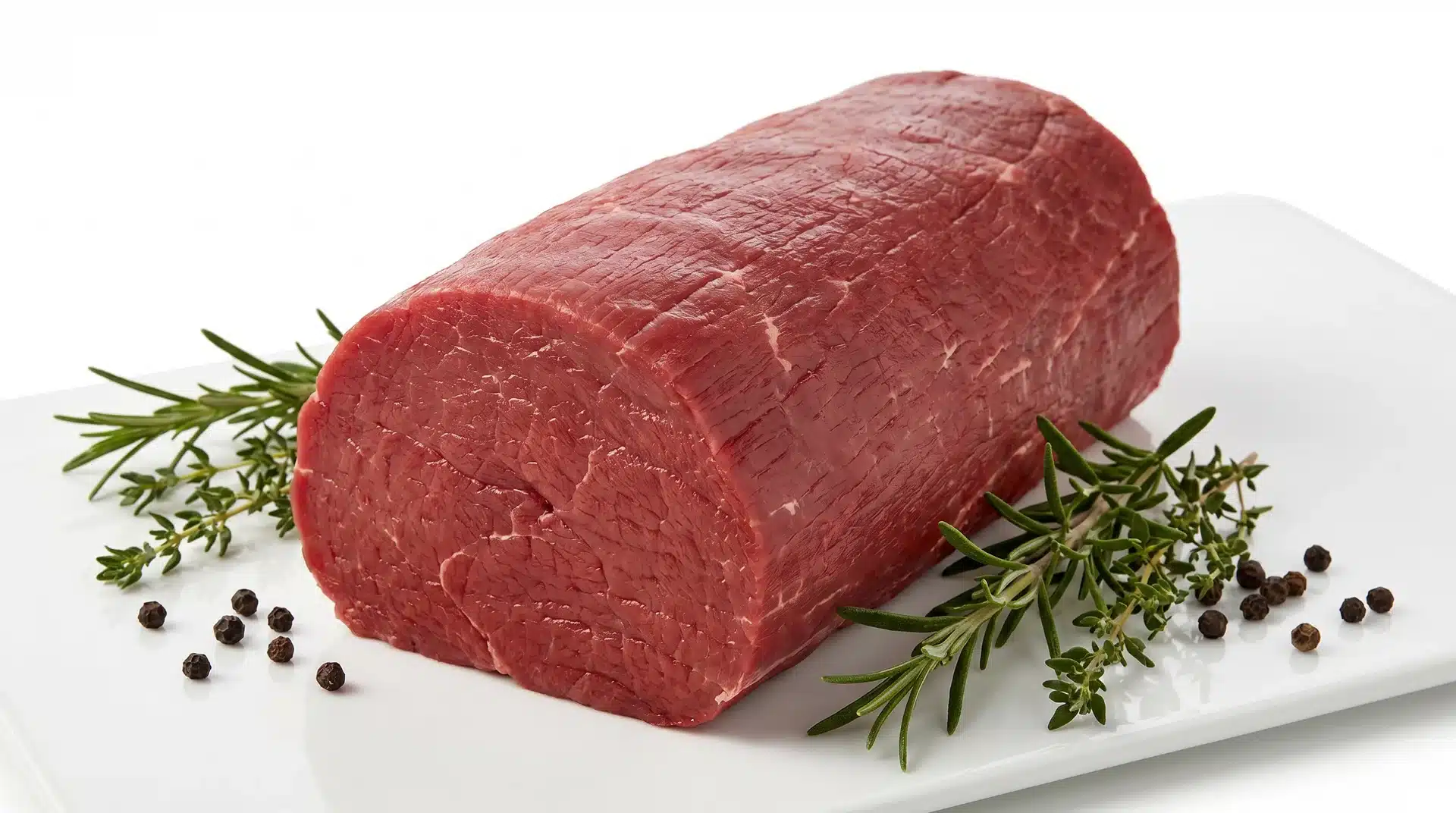 Raw eye of round beef roast on a white surface, garnished with fresh rosemary and black peppercorns.