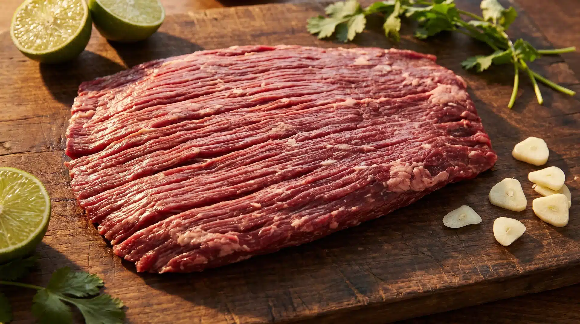 Raw flank steak on a wooden board, garnished with lime halves, garlic cloves, and fresh parsley.