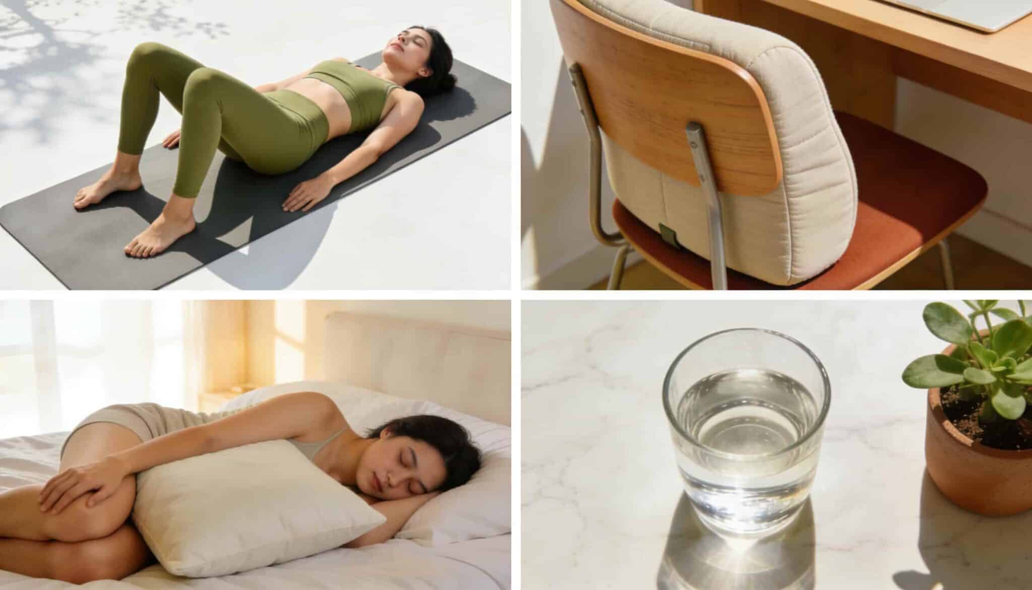A four-panel grid showing healthy habits: a Pilates mat stretch, an ergonomic chair cushion, a side-sleeper with a knee pillow, and a glass of water.